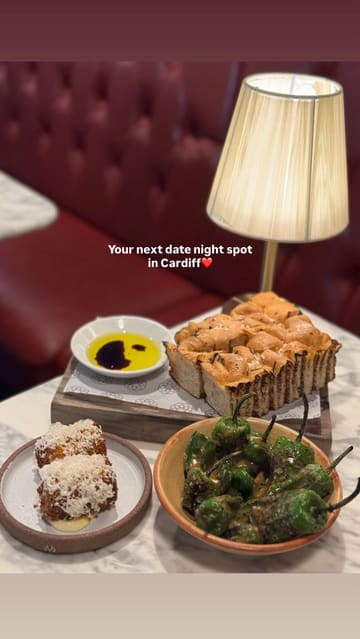 A short, polished montage showcasing the interior and various dishes at Bacchus in Cardiff, presented as a date night recommendation.