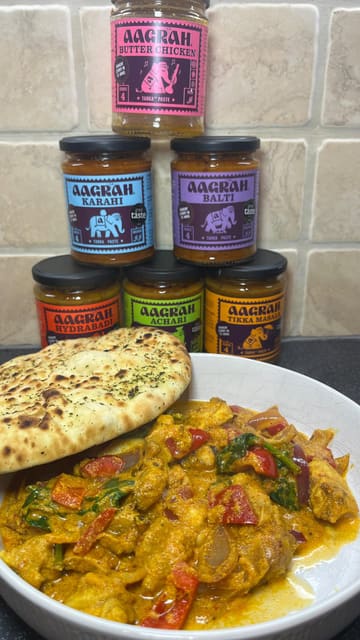 A short recipe tutorial demonstrating how to use Aagrah curry paste to prepare a butter chicken meal at home, featuring step-by-step cooking shots.