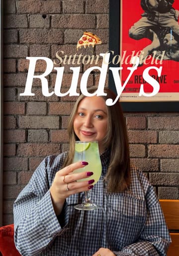 A promotional video for Rudy's Pizza in Sutton Coldfield, featuring shots of the restaurant exterior, interior, menu, and various food and drink items including pizza, burrata, and desserts.