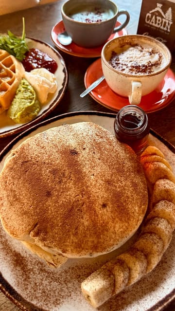 A short, handheld-style video showcasing a visit to The Cabin in Sheffield. The footage highlights vegan pancakes, a savoury waffle, and matcha lattes, alongside the venue's Canadian-themed decor and bear mascot.