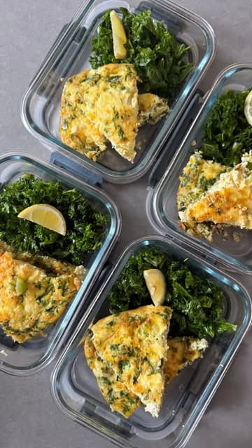 A short, fast-paced video demonstrating a meal prep routine featuring overnight oats and a leek and tenderstem frittata, using recipes from an app.