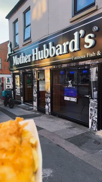 A promotional video for Mother Hubbard's in Kings Heath, Birmingham, highlighting their 'Buy One Get One Free' daily deals. The creator showcases various menu items including fish and chips, fish bites, a salt and pepper box, loaded fries, and burgers, while explaining the specific offers available throughout the week.