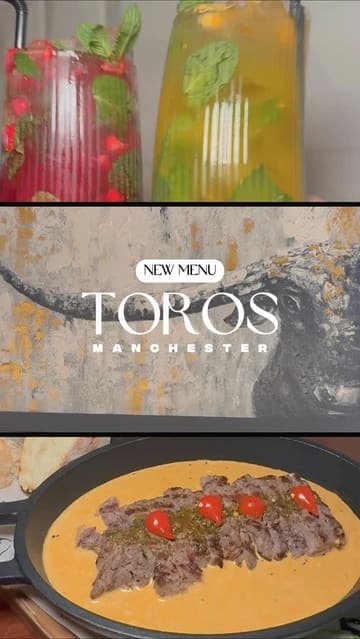 A promotional reel for Toro's Steakhouse in Manchester, showcasing their new menu items including beef tacos, shrimp, Café de Paris steak, and lamb shank, alongside mocktails and the restaurant's interior decor.