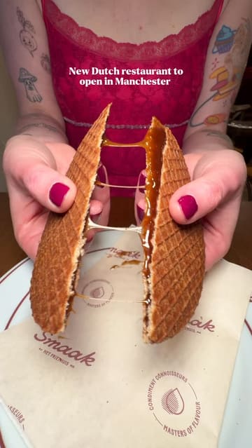 A vibrant vlog-style review of Smaak, a new Dutch restaurant in Manchester. The video features a variety of Dutch specialties including freshly made stroopwafels, bitterballen, burgers, and cocktails. It combines close-up food shots, behind-the-scenes glimpses of the kitchen equipment, and the creator's genuine reactions to the food.