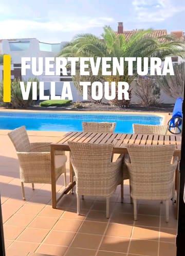 A comprehensive tour of a villa in Fuerteventura, showcasing the pool, outdoor dining area, BBQ, rooftop terrace, and interior living spaces. The creator provides a walkthrough of the property, highlighting its suitability for a relaxing stay.