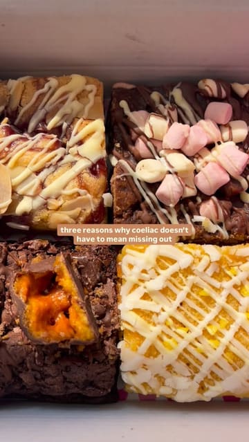A short, listicle-style video highlighting the benefits of the gluten-free community and showcasing delicious-looking gluten-free baked goods like brownies and donuts at a dedicated bakery.