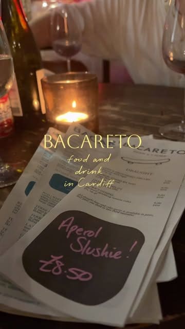 A short montage showcasing the food, drinks, and interior of Bacareto in Cardiff, featuring close-ups of dishes like deviled eggs and pintxos, as well as drink pours.