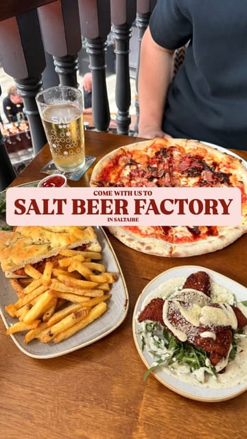 A montage of food items including pizza, a chicken sandwich, and chicken strips, interspersed with shots of the industrial-style venue interior.