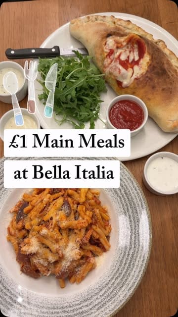 A short review-style video showcasing a promotional offer at Bella Italia, featuring close-up shots of various dishes including dough balls, calzone, pasta, and a dessert, along with a brief shot of the restaurant entrance.