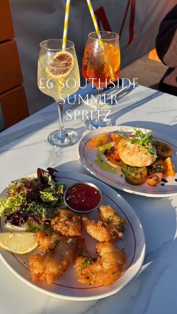 A montage of food and drink items served at The McMillan, featuring cocktails, shrimp, burrata, pork belly, and fries, set in an outdoor dining area.