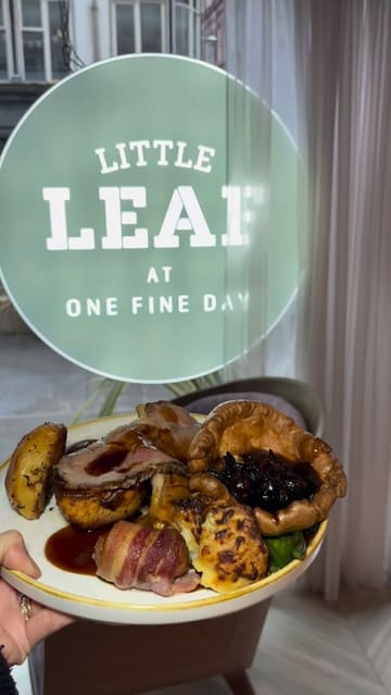 A montage showcasing the Sunday roast, starters, and desserts at Little Leaf, highlighting the cozy atmosphere and food presentation.