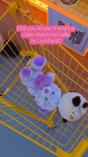 A vlog-style video showcasing a visit to a claw machine café in Lichfield. The creator demonstrates the claw machine experience, shows the prizes won, and highlights the food and drink options available, including bubble waffles and Korean fried chicken.