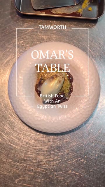 A visually appealing montage showcasing a series of high-end, artistically plated dishes at Omar's Table, highlighting the fusion of British and Egyptian culinary styles.