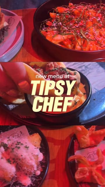 A promotional reel showcasing the new menu at Tipsy Chef in Preston, featuring close-ups of burgers, tacos, dumplings, and cocktails in a moody, dimly lit setting.