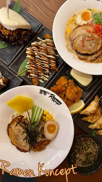 A high-quality montage showcasing various Japanese dishes including ramen, bao buns, gyoza, and karaage at Ramen Koncept, highlighting the preparation and presentation of the food.