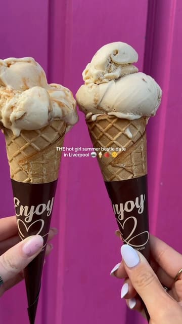 A montage video showcasing a 'bestie date' in Liverpool, featuring ice cream, a bead-making workshop at Lillibet Beads, and drinks at Derek's.