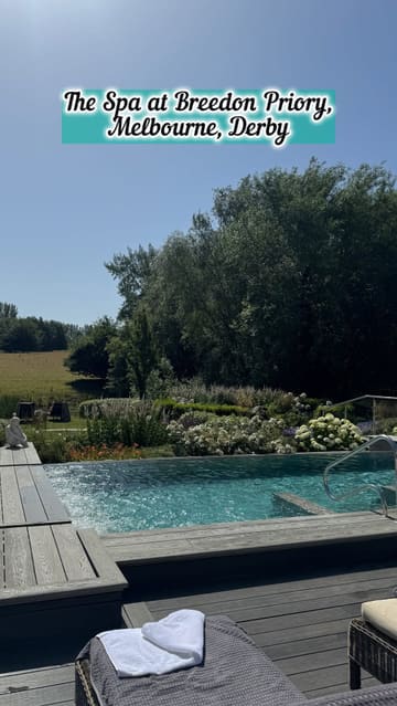 A relaxing venue tour of The Spa at Breedon Priory, highlighting the outdoor pool, sauna, treatment rooms, and dining experience.