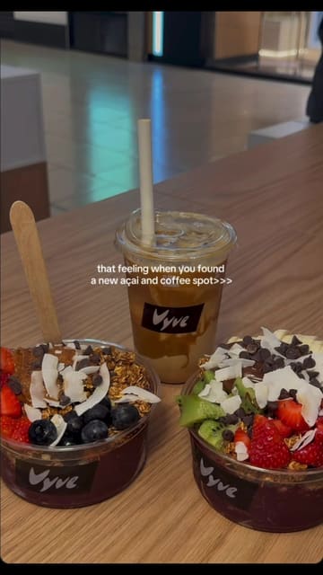 A short promotional video showcasing the preparation of acai bowls and coffee at Vyve, located in Lakeside Mall.