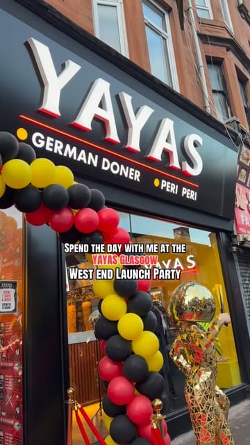 A vlog-style video documenting a launch party at a new Yayas restaurant in Glasgow. The video features the exterior, the menu, the DJ and crowd atmosphere, and a look at the food and coffee served.