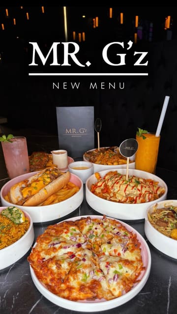 A montage video showcasing a variety of new menu items at Mr G'z, including a hot dog, pizza, noodles, and fries, alongside shots of the restaurant's interior and exterior.
