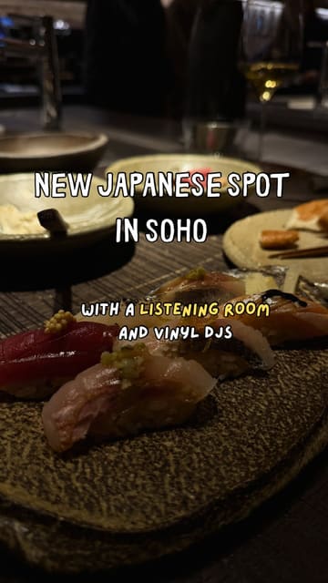 A short, visually appealing reel showcasing a Japanese restaurant in Soho called MOI. The video highlights the intimate, minimalist interior, the listening room with DJs, and a variety of dishes including buns, sashimi, nigiri, octopus, and apple pie.