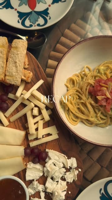 A short, fast-paced recap video featuring a variety of Italian dishes, including a cheese board, pasta, pizza, and wine, set to music.