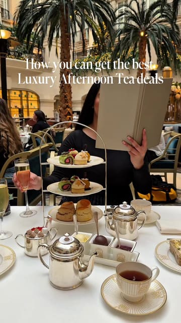 A montage video showcasing various luxury afternoon tea experiences at high-end London hotels, accompanied by a voiceover explaining how to find deals on these experiences.