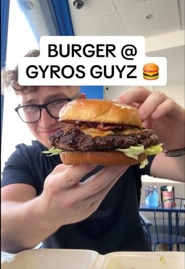 A food review video where the creator visits 'Gyros Guyz' in Southampton to test their burgers and wraps, specifically trying the Wagyu beef burger, a breakfast beast burger, and a Mediterranean wrap.