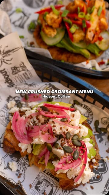A promotional reel showcasing a new 'crushed croissant' menu at Hideout Coffee, featuring three distinct topping variations and iced coffee pairings.