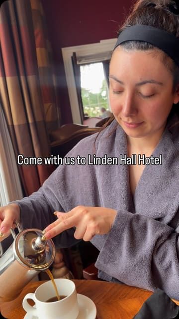 A mother-daughter spa day vlog at Linden Hall Hotel, featuring shots of the hotel grounds, pool, relaxation area, and an afternoon tea service.