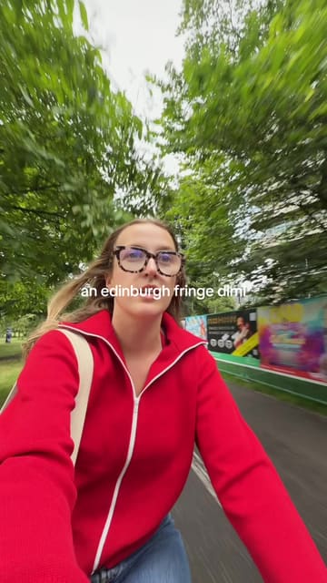 A fast-paced vlog following a day at the Edinburgh Fringe Festival, featuring visits to a cafe, a sauna theatre, and a noodle restaurant, interspersed with clips of various performances.