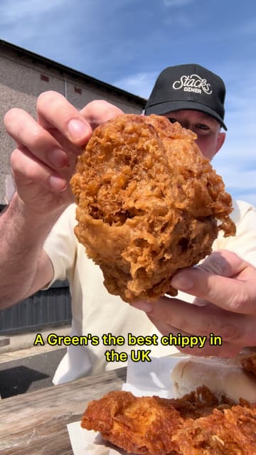 A review of George A Green Fisheries in Wakefield, focusing on their fish and chips, including a breakdown of the menu items, prices, and the creator's honest opinion on the quality of the food, specifically the batter and the beef dripping cooking method.