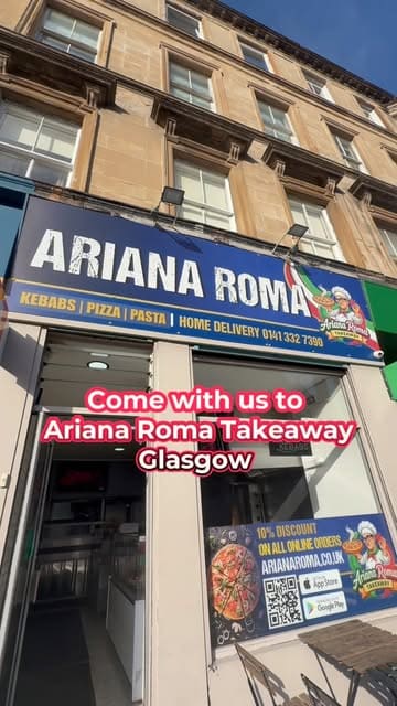A short montage video showcasing the food preparation process at Ariana Roma, a takeaway in Glasgow. The video features shots of pizza dough being stretched, toppings added, pizzas being baked, and pasta being cooked in pans, followed by a final shot of the prepared meal.