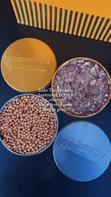 A short promotional video showcasing two limited-edition cakes from Kake Temptations, featuring close-up shots of the textures and toppings, followed by a shot of the branded packaging.