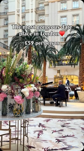 A video showcasing the Winter Garden at The Landmark London, highlighting its stunning glass-roofed atrium, live piano music, and dining experience as a romantic date spot.