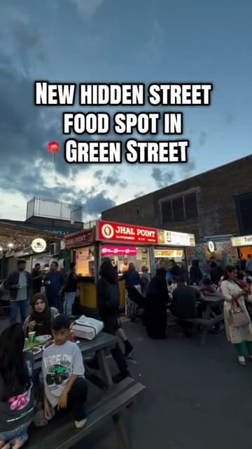 A fast-paced, energetic tour of Newham Food Village in Green Street, highlighting the diverse range of Asian street food stalls, refreshing drinks, and desserts available in an outdoor setting.
