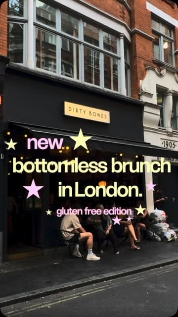 A short, engaging reel showcasing a bottomless brunch experience at Dirty Bones in London, with a specific focus on their gluten-free menu options. The video features shots of the menu, the venue's interior, and various food and drink items.