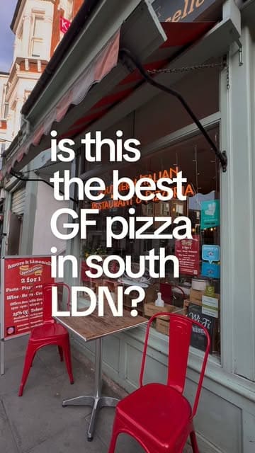A short, punchy review of Amore & Limoncello in Fulham, focusing on their gluten-free pizza and pasta offerings. The video uses text overlays to pose a question about the quality of the food, followed by shots of the menu, the pizza being cut, and a final shot of limoncello shots.