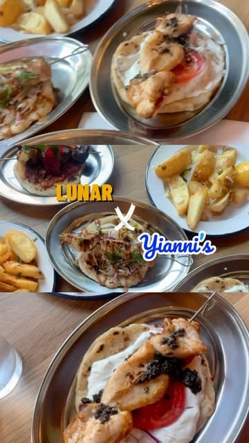 A short, energetic montage showcasing a pop-up collaboration between Lunar and Yianni's, featuring various Greek souvlaki skewers, lemon potatoes, cocktails, and snacks.
