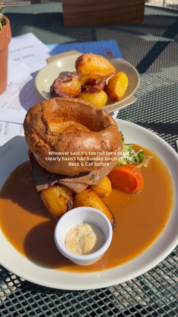 A short, engaging reel showcasing a Sunday roast experience at The Beck & Call, featuring the outdoor seating area and dessert.