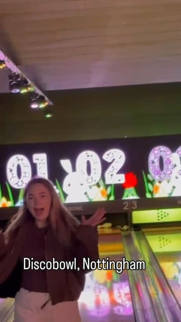 A promotional video for Discobowl in Nottingham, showcasing the bowling lanes, cocktail and pizza deals, and interactive games like the prize wheel.