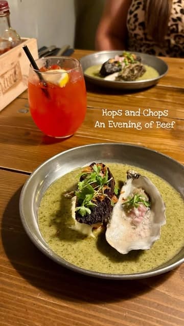 A reel showcasing a 5-course 'Evening of Beef' tasting menu at Hops & Chops, featuring various beef-based dishes and cocktails.