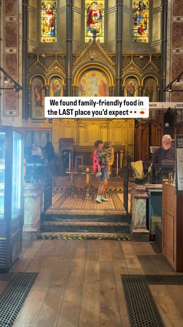 A short, engaging reel showcasing a pasta restaurant located inside a converted church in London. The video highlights the unique atmosphere and family-friendly nature of the venue, featuring shots of the interior and the food.