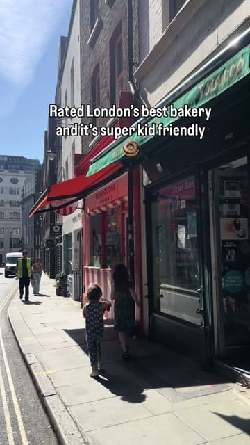 A family-oriented reel showcasing a visit to Bombolone Donuts in London. The video features the exterior, interior, a variety of doughnuts, milkshakes, and coffee, while highlighting the kid-friendly nature of the venue with children enjoying the food and activities.