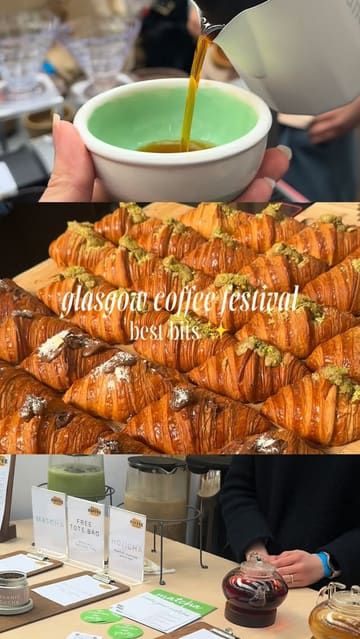 A fast-paced montage video capturing the highlights of the Glasgow Coffee Festival, featuring various coffee roasters, bakeries, and ceramic artists. The video uses quick cuts to showcase a wide range of products including pastries, specialty coffees, matcha, and hojicha, providing a comprehensive overview of the event's atmosphere and offerings.