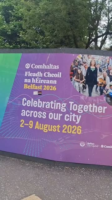 A vlog-style montage capturing a visit to a food market at the Fleadh Cheoil festival in Belfast, featuring a wide variety of street food stalls including desserts, fries, and dumplings.
