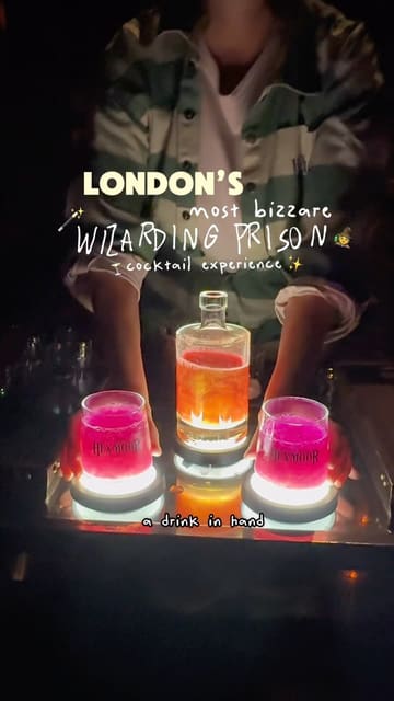 A fast-paced, immersive vlog showcasing a wizarding-themed cocktail experience in London. The video features the creator interacting with actors in character, exploring the prison-themed set, and enjoying glowing cocktails, effectively conveying the unique atmosphere of the venue.