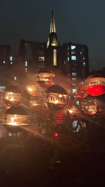 A montage of various light and fire art installations at the Spectra festival in Aberdeen, showcasing the atmospheric and immersive nature of the event at night.