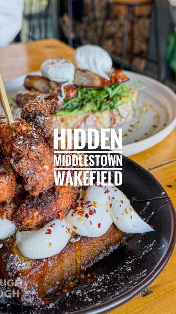 A lively, personality-driven review of a brunch spot called Hidden in Middlestown, Wakefield. The creator highlights specific dishes including Nascosto chicken on French toast and smashed avocado with poached eggs, alongside iced matcha drinks, while providing a recommendation to book ahead.
