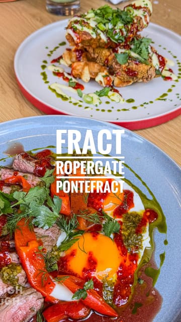 A review of a new coffee and brunch spot in Pontefract called FRACT, highlighting the vibrant orange decor, brunch menu including steak and eggs and fried chicken and waffles, and the on-site Pilates studio.